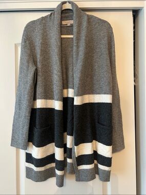 LOFT Gray Black and White Open-Front Striped Cardigan